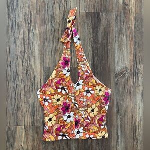 SO Goods For Life Floral Halter Crop Top Sm Orange Brown Pink Yellow Hippie Boho